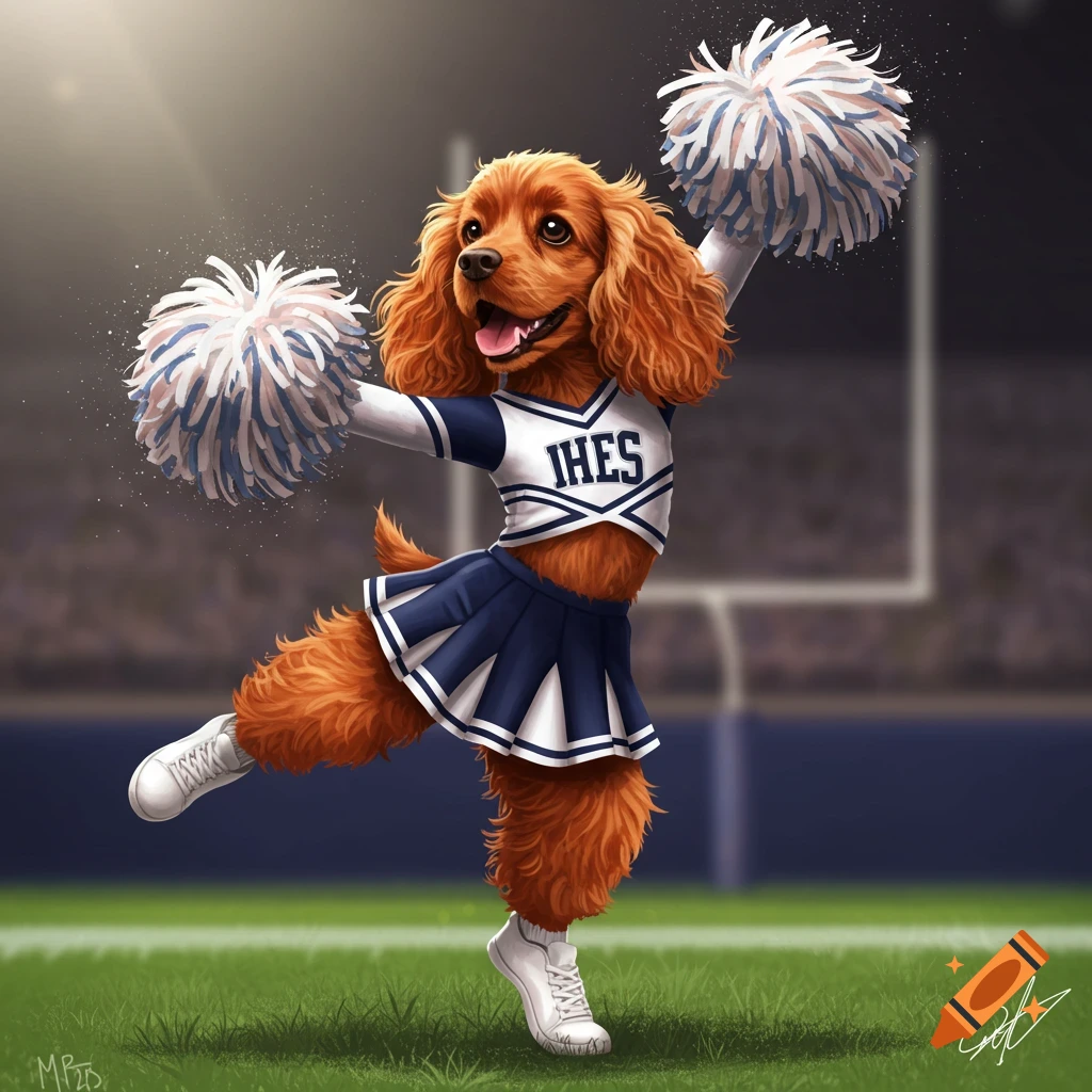 A cocker spaniel dog dressed as a cheerleader at a football stadium.