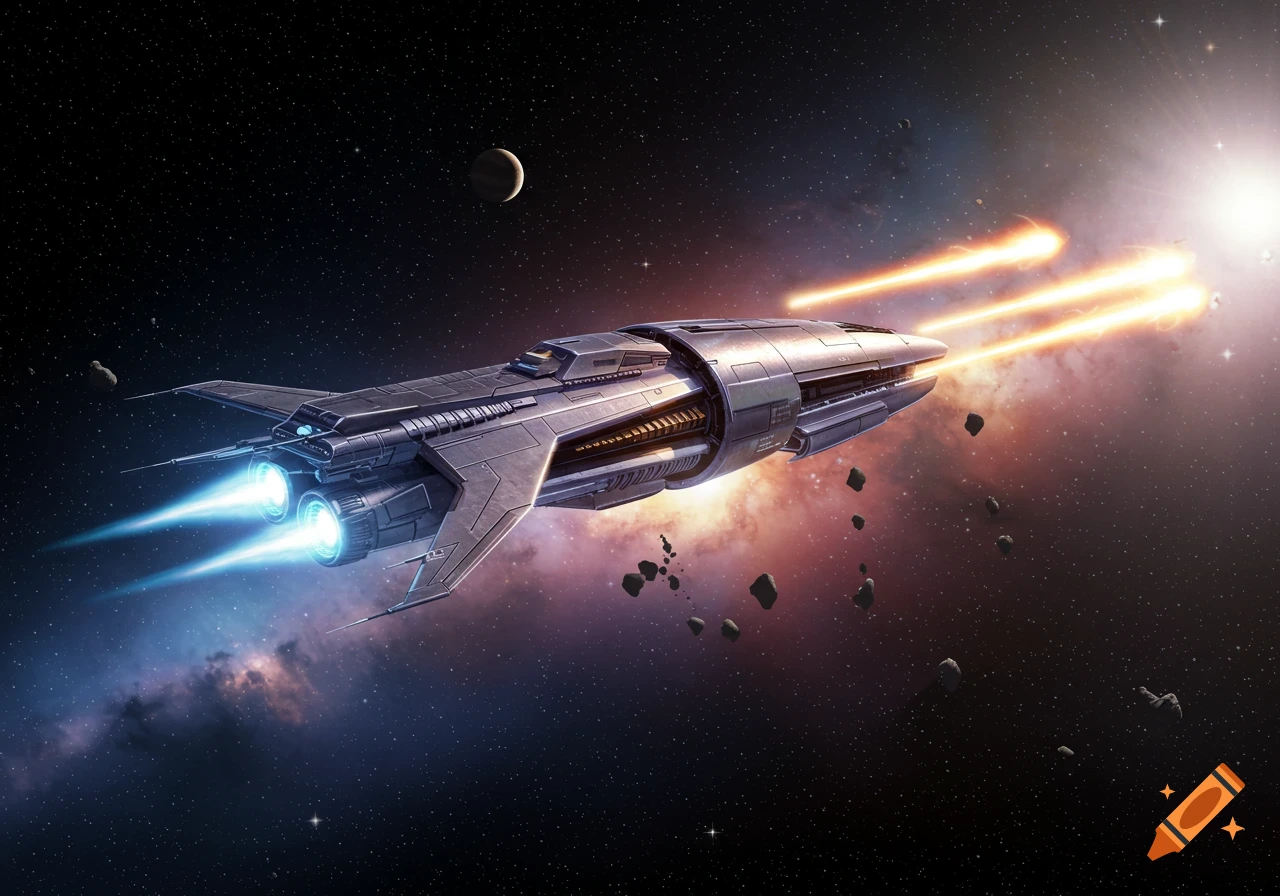 A spaceship flies through space, firing orange beams, with asteroids and a moon.