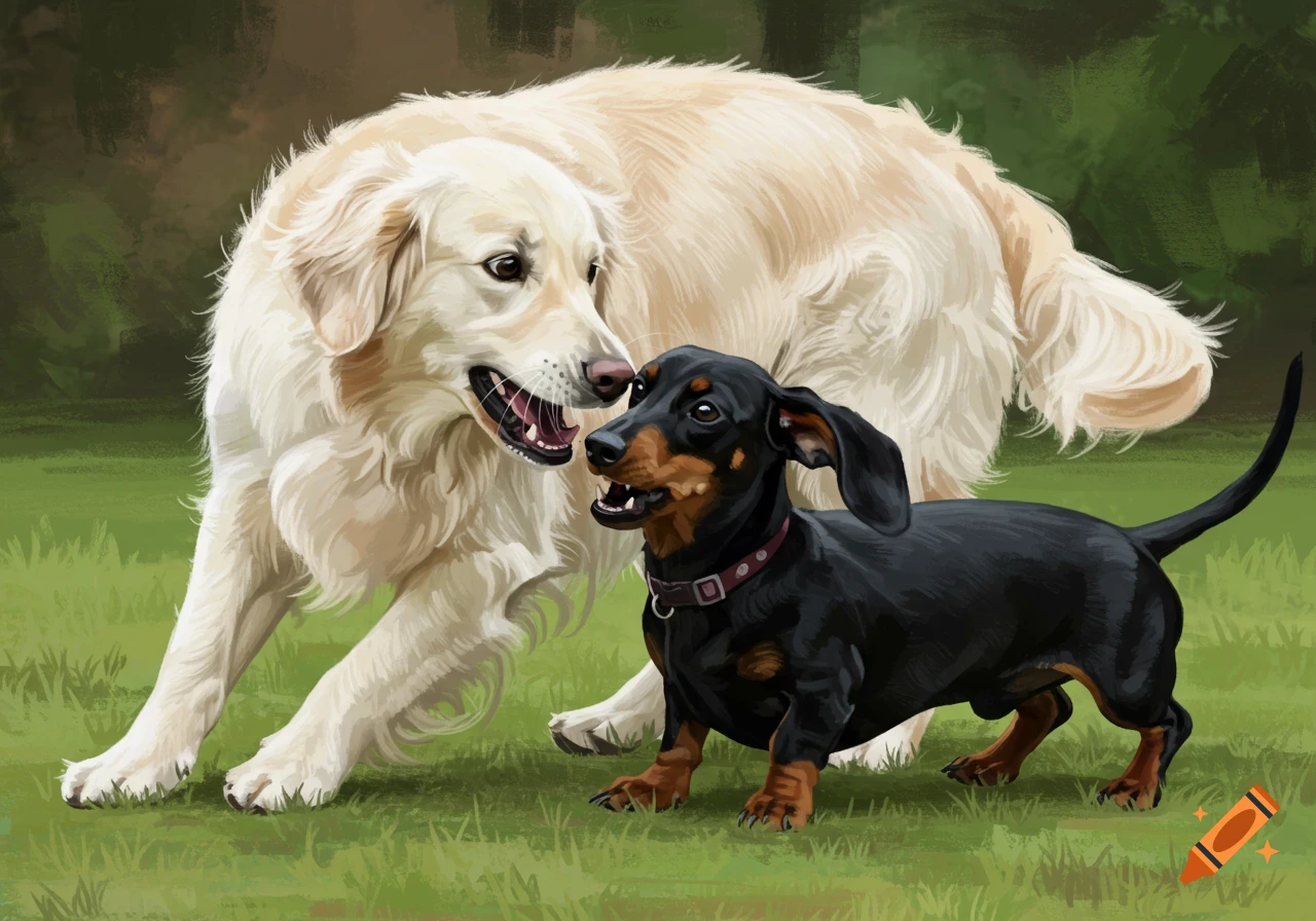 A golden retriever and a dachshund looking at each other in a field.