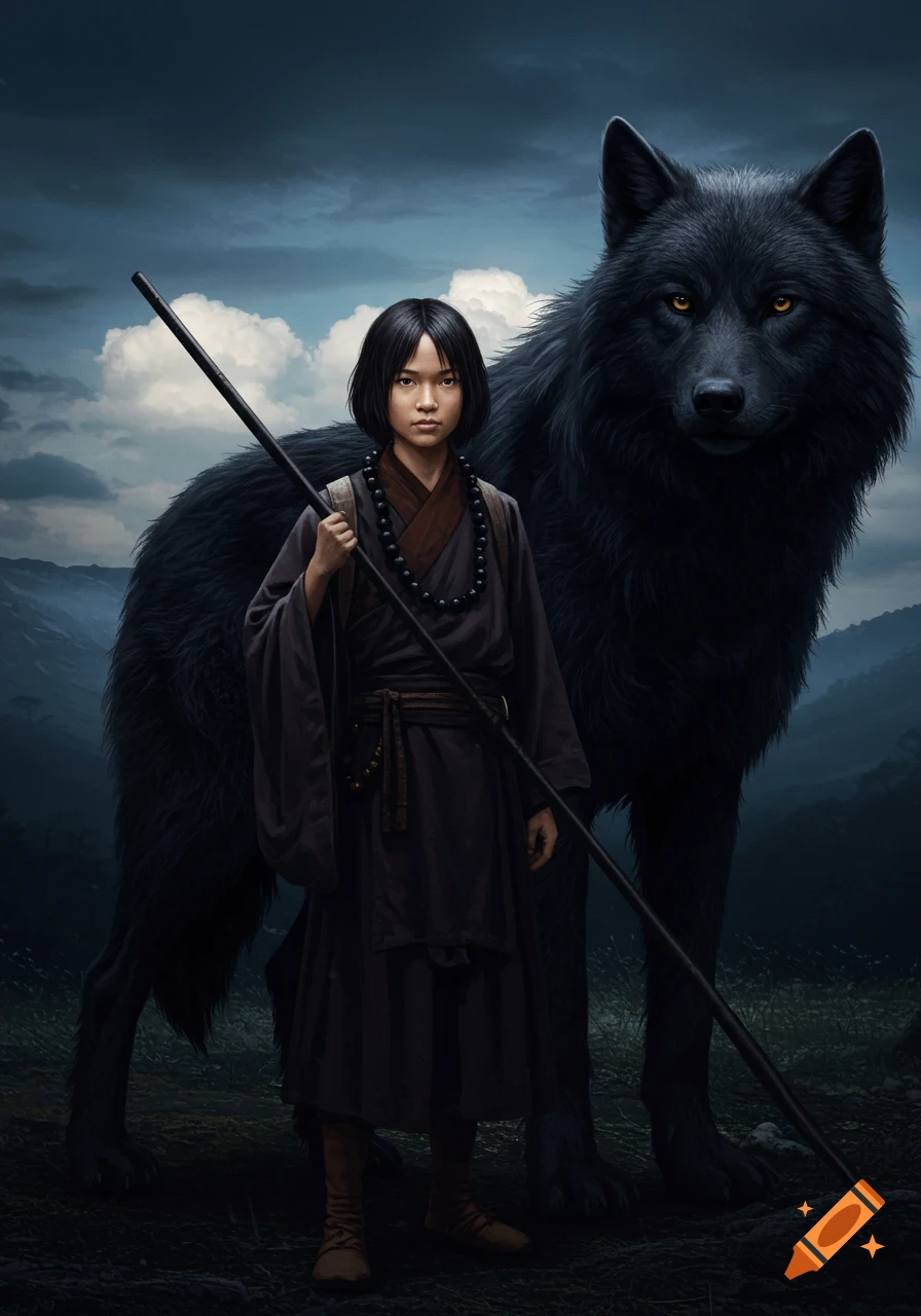 A young person in dark robes standing with a large black direwolf in a cloudy mountain landscape.