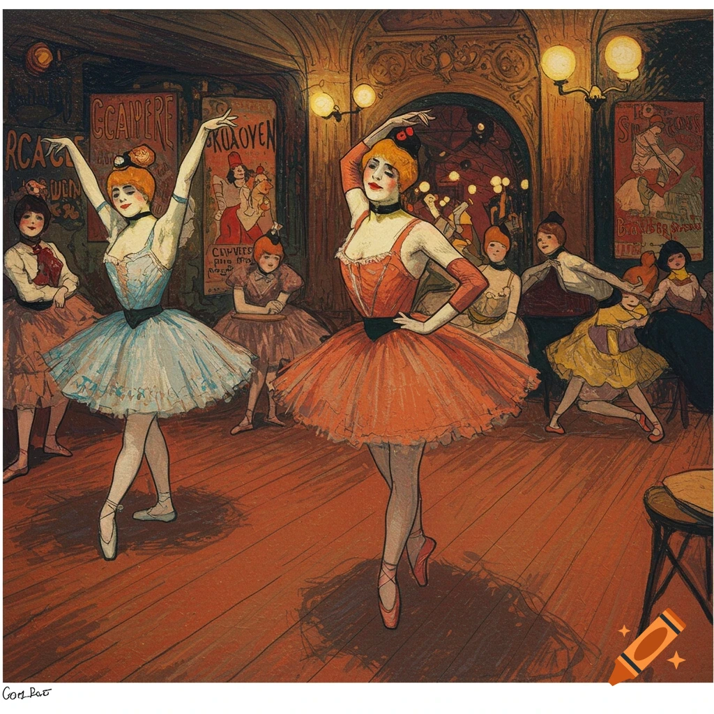 Painting of ballerinas dancing in a room with posters, in a style reminiscent of Toulouse-Lautrec.