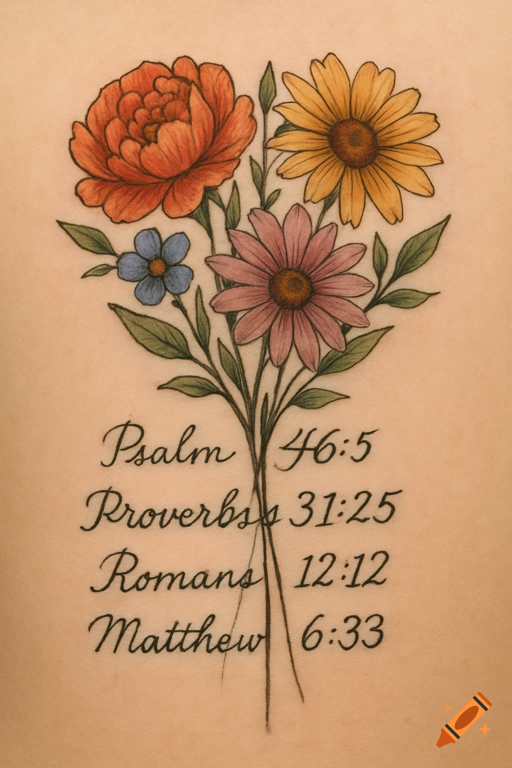 Digital drawing of a bouquet of flowers with Bible verses written below.