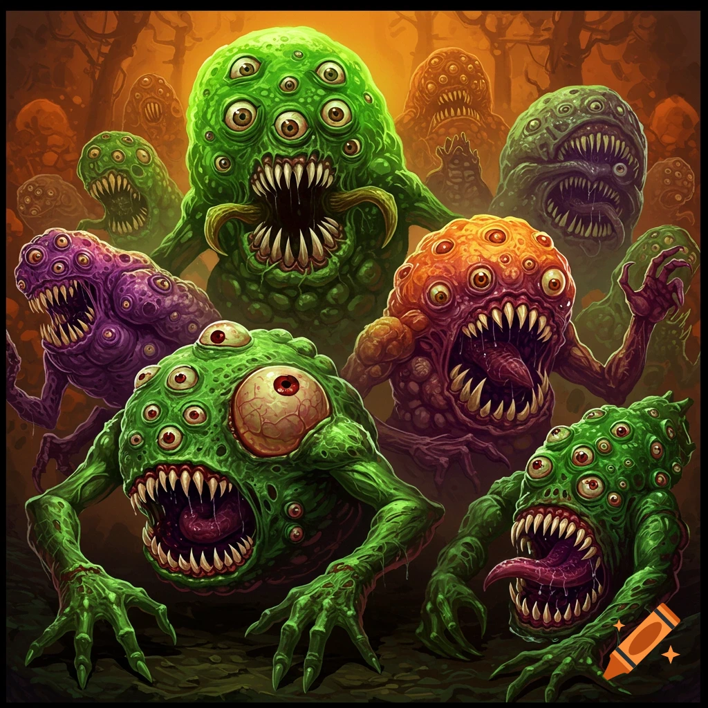Multiple grotesque green, purple, and orange radiation monsters with many eyes and sharp teeth.