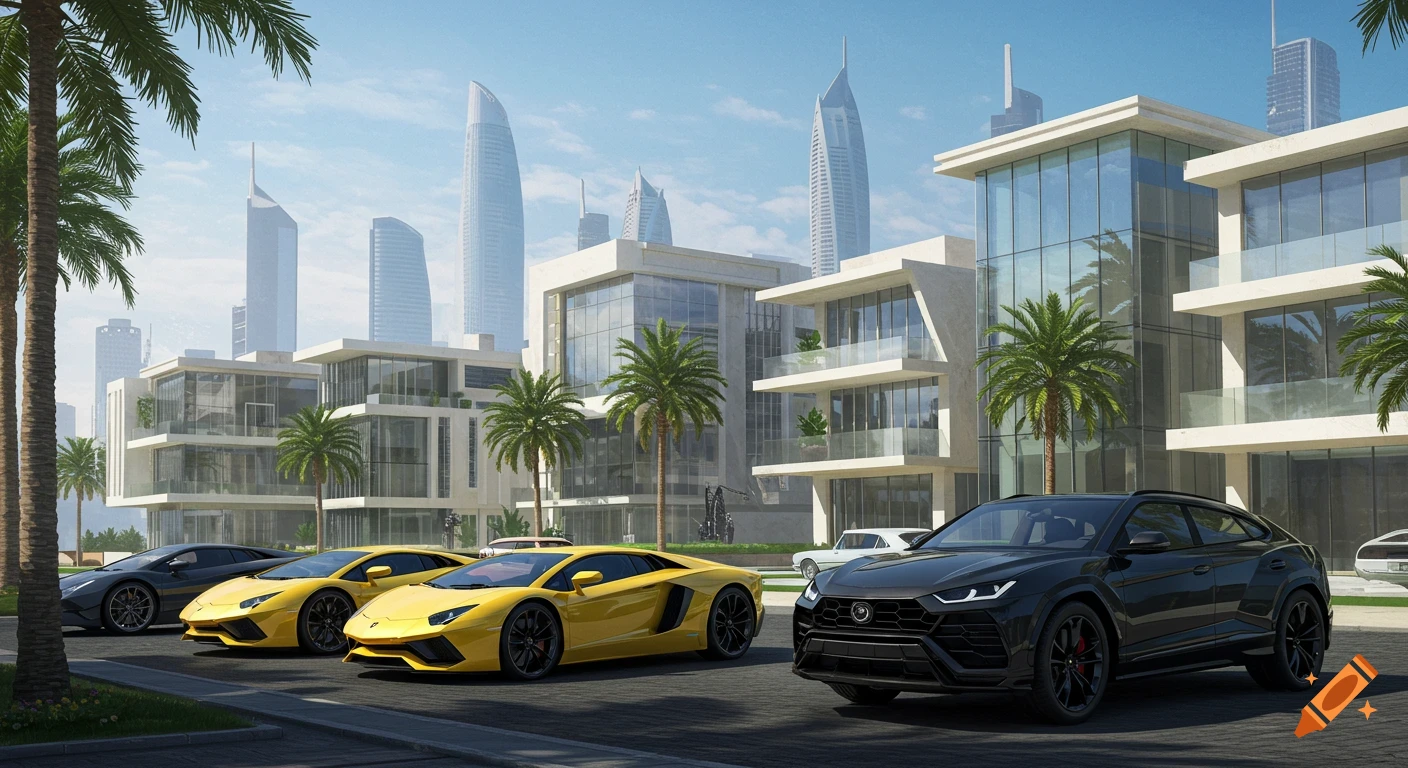 Several luxury cars, including black and yellow Lamborghinis, parked outside modern mansions with a cityscape in the background. Photorealistic style.