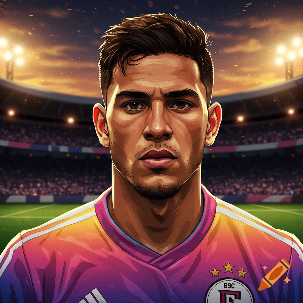 Male football player in a stadium at sunset.