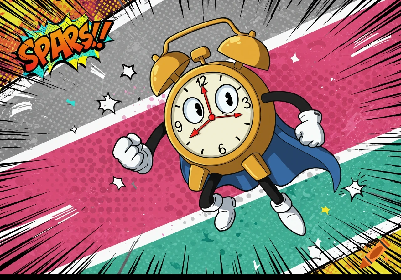 A cartoon clock superhero with a blue cape flying in a comic book style background with the text "SPARS!!".