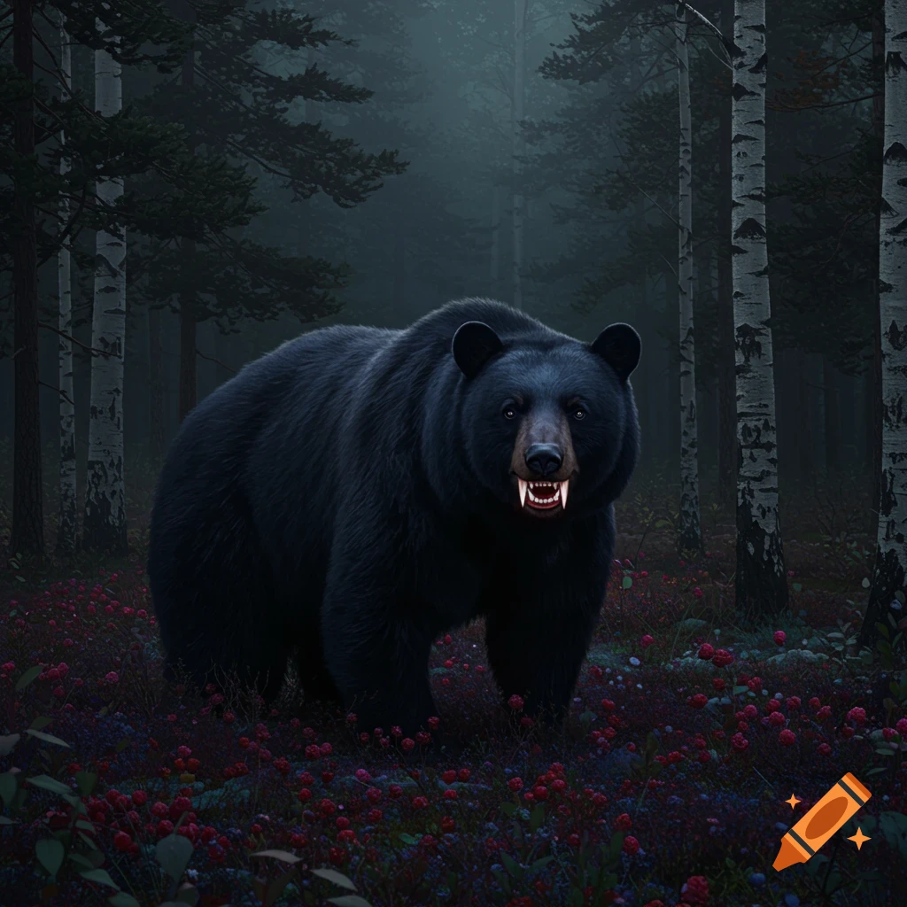 A black bear stands in a dark forest among red berries.