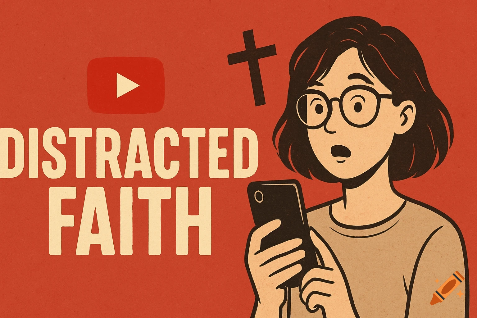 Cartoon illustration of a surprised woman on her phone with text 'Distracted Faith', a YouTube logo, and a cross.