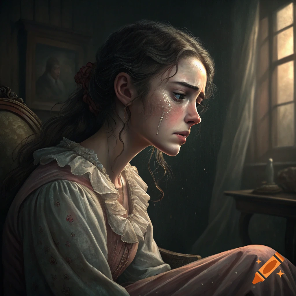 Realistic painting of a woman in historical dress crying in a chair near a window.
