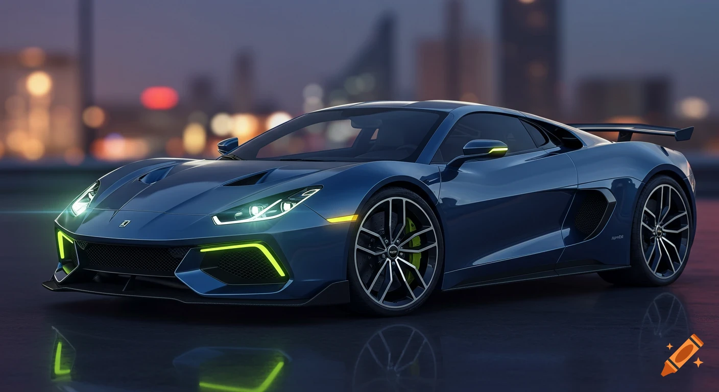 A futuristic blue supercar parked at night with glowing green accents.