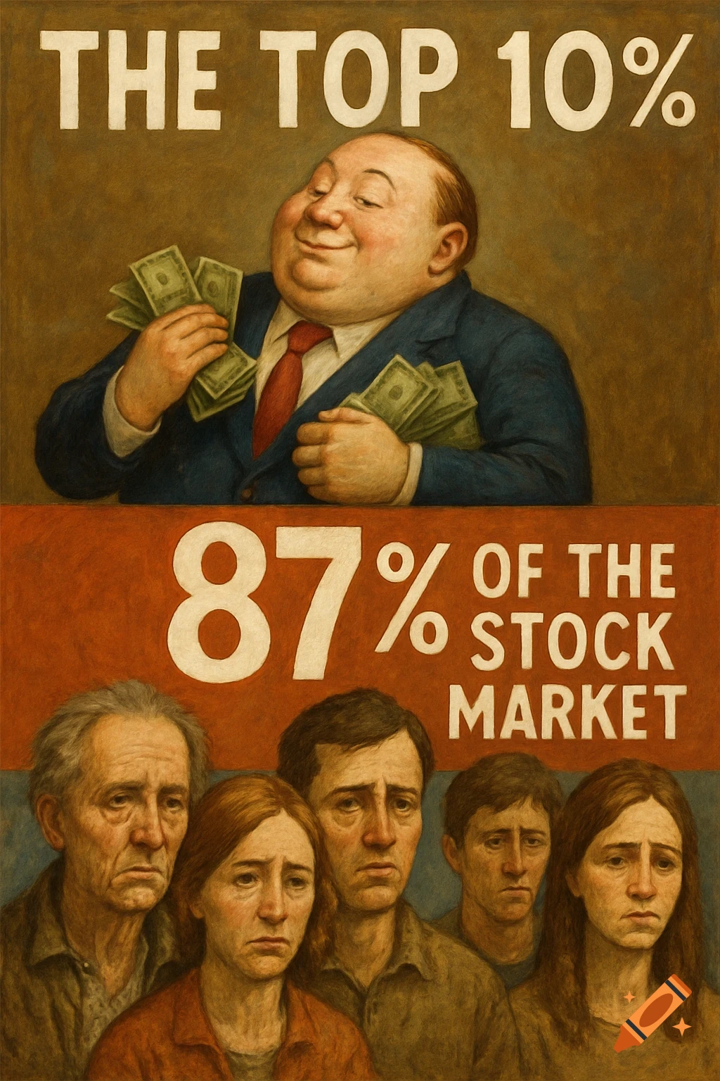 Image depicting wealth inequality with a rich man holding money above text 'THE TOP 10%' and sad people below text '87% OF THE STOCK MARKET'.