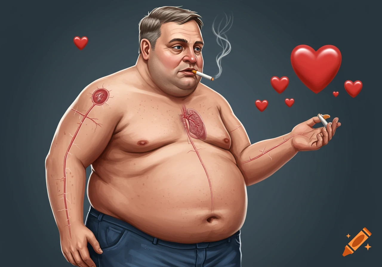 Digital illustration of an obese man smoking, showing his heart and circulatory system