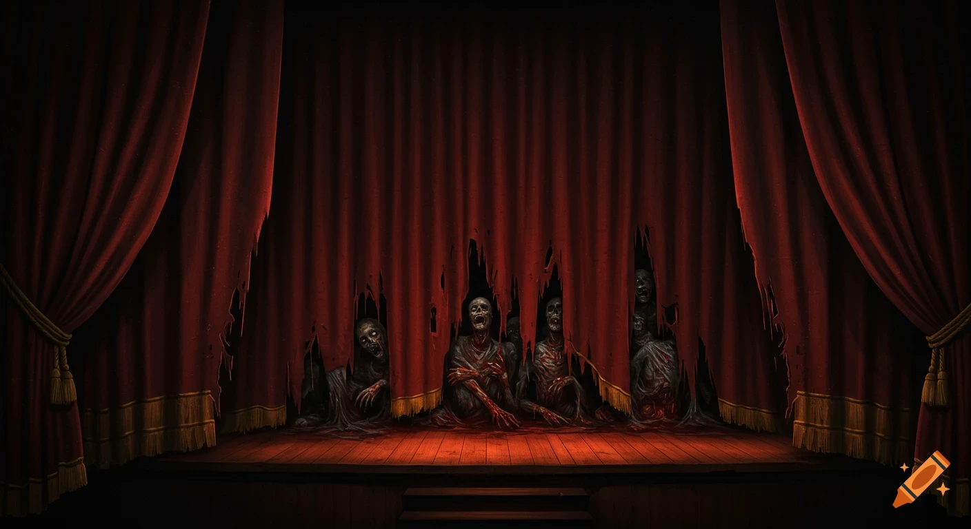 Zombie figures emerge from torn red stage curtains.