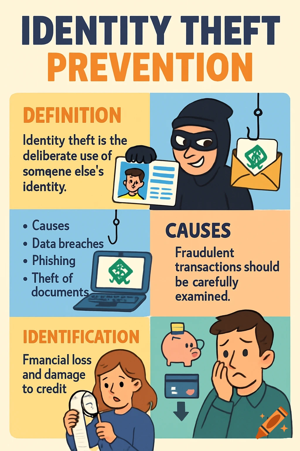 Informational poster about identity theft prevention with illustrations and text.