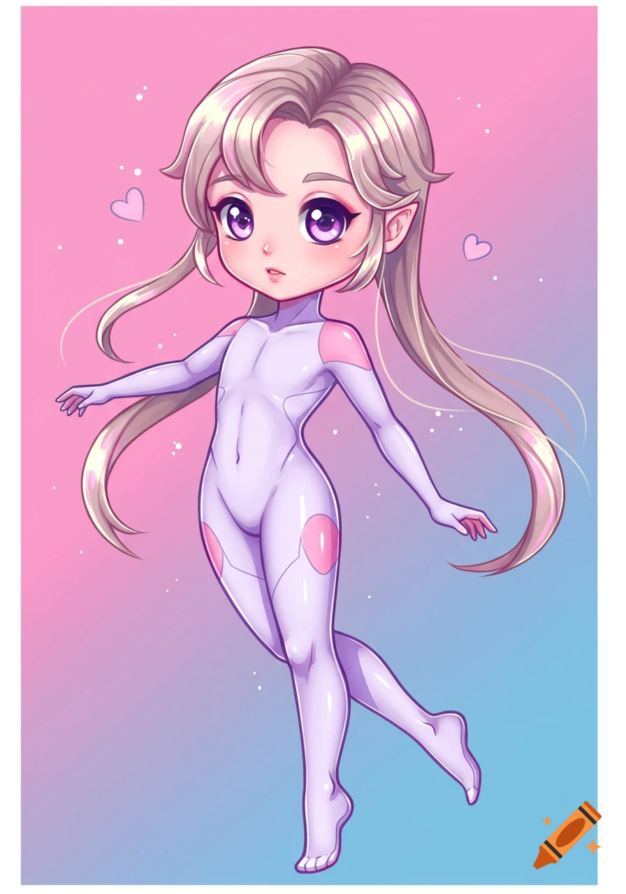 Cute anime character in a white bodysuit with pink accents against a gradient background.