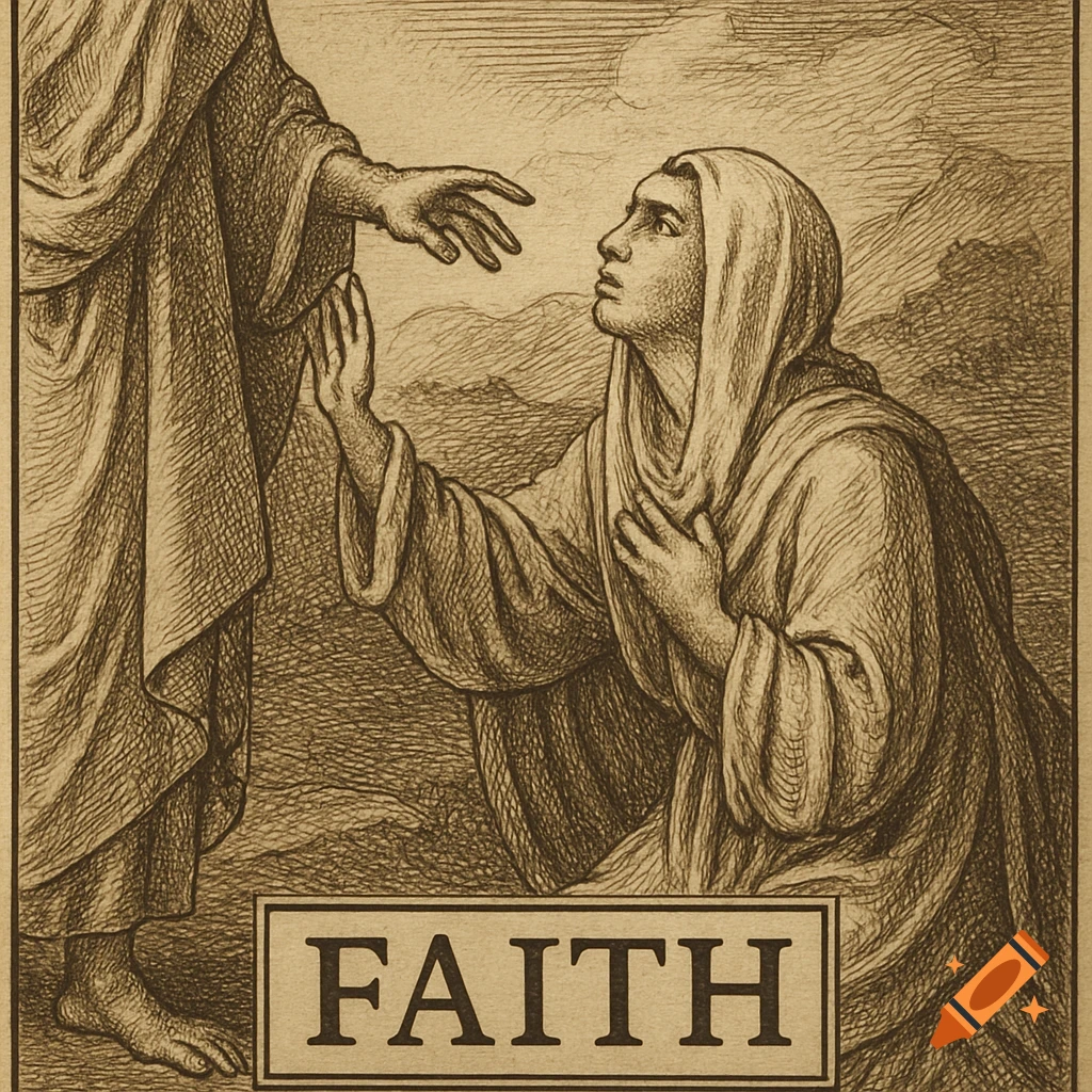 Antique engraving of a figure reaching out to a kneeling figure, with the word 'FAITH' below.