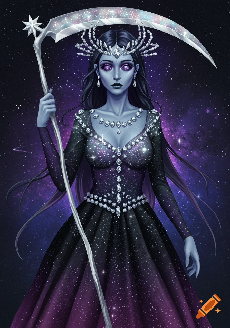 A fantasy woman with pale blue skin, dark hair, and glowing eyes holds a scythe. She is adorned with diamonds and stands against a starry space background.