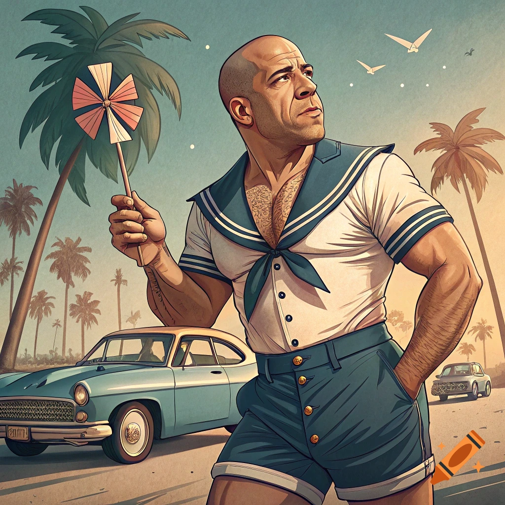 A muscular man in a sailor uniform holds a pinwheel on a tropical street with vintage cars and palm trees.
