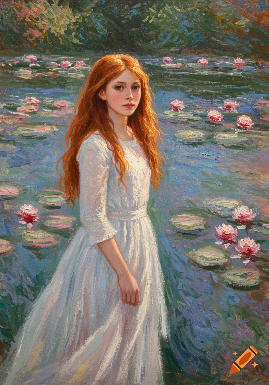 A girl with red hair in a white dress stands by a pond with water lilies, in an Impressionist style painting.