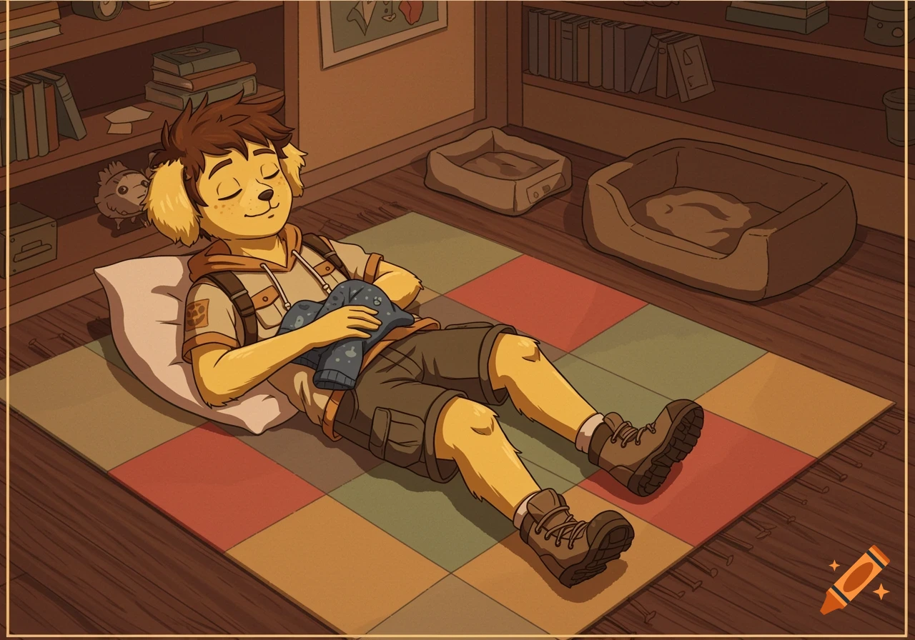Cartoon boy with dog features naps on a colorful rug in a room with bookshelves and pet beds.