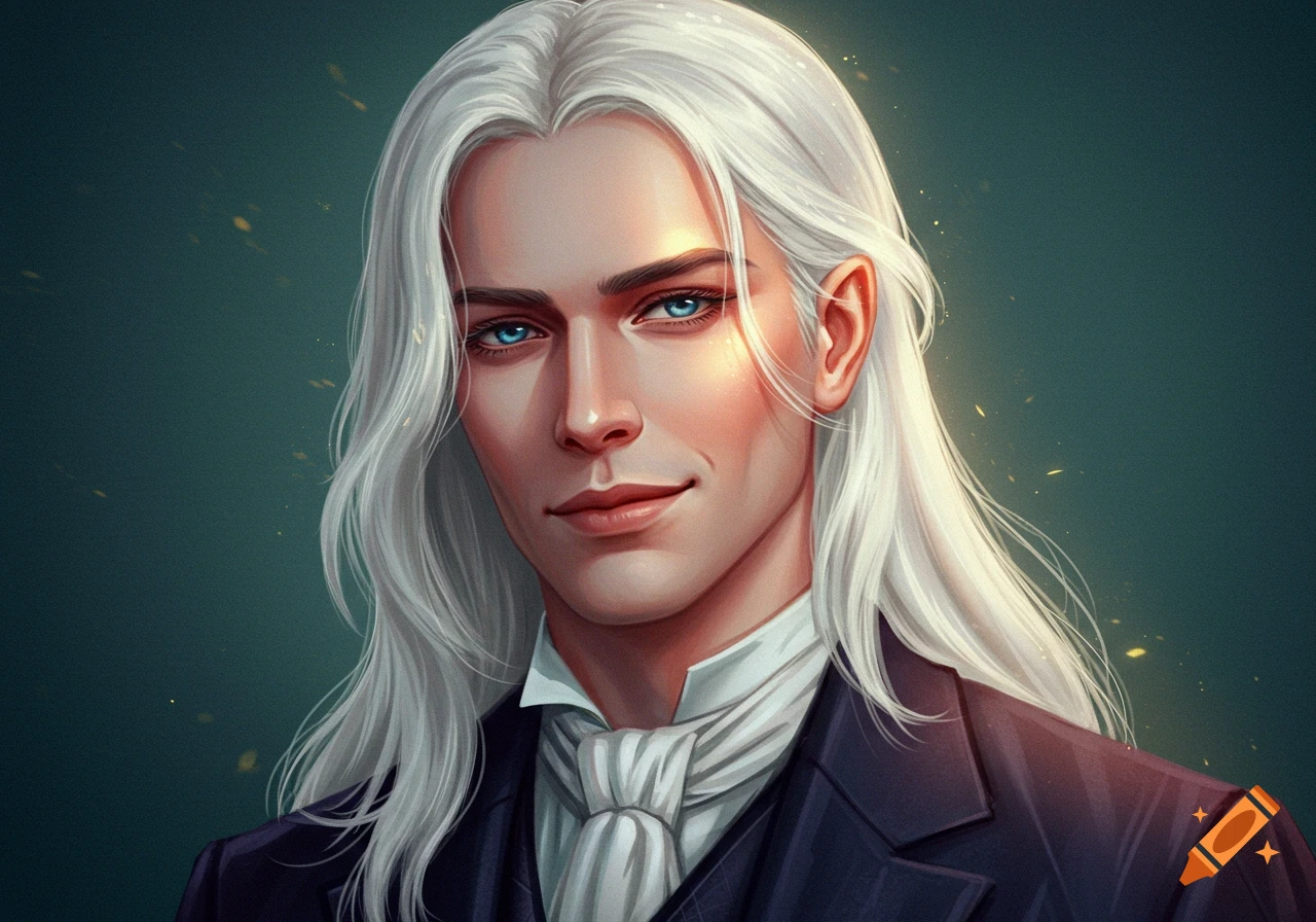 A man with long white hair and blue eyes, wearing a dark suit.