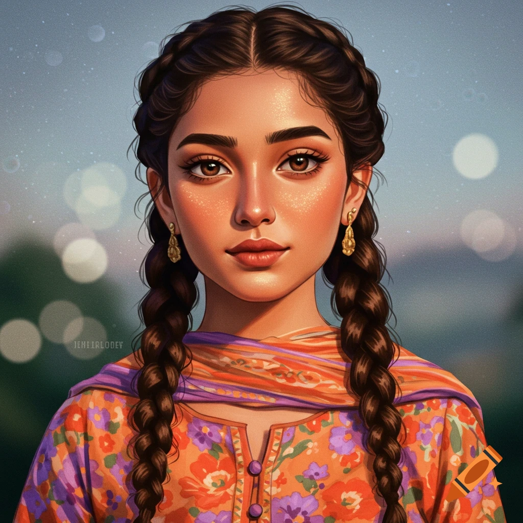portrait of a young woman with braided hair in a colorful floral outfit