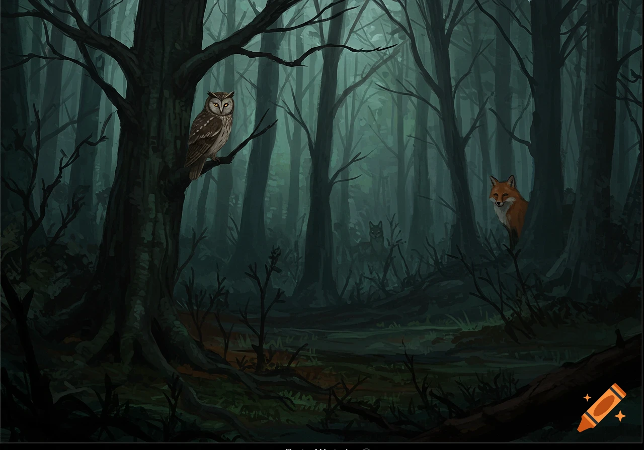 A dark forest scene with an owl perched in a tree, a fox concealed behind another tree, and various other animals in the background.