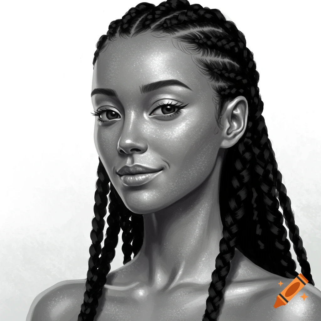 A grayscale image of a woman with braids.