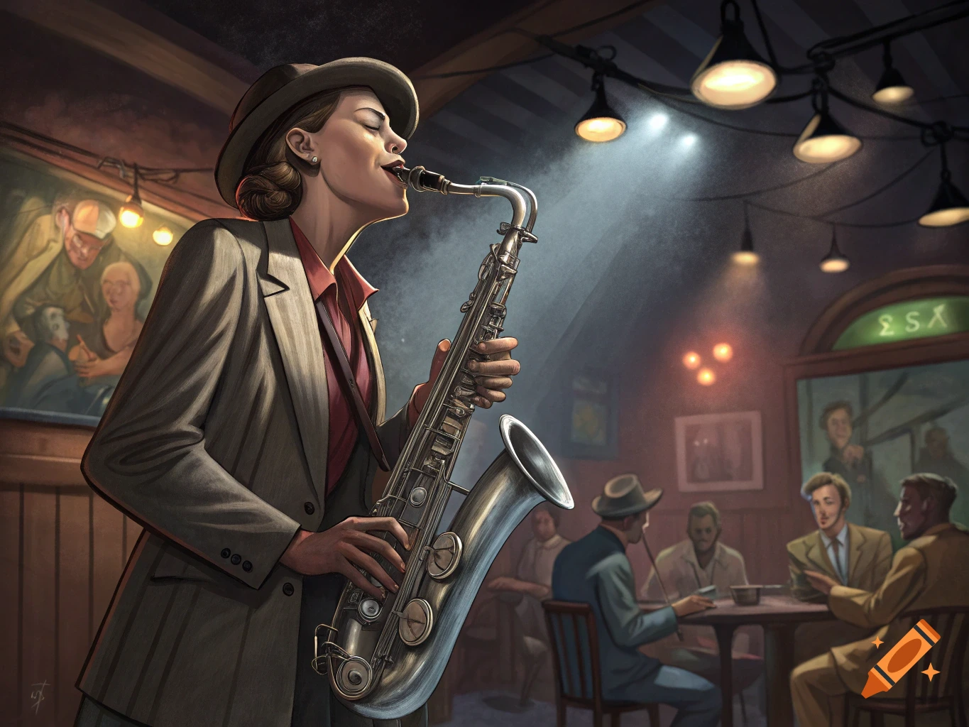 A woman in a suit plays a saxophone on stage in a jazz club.