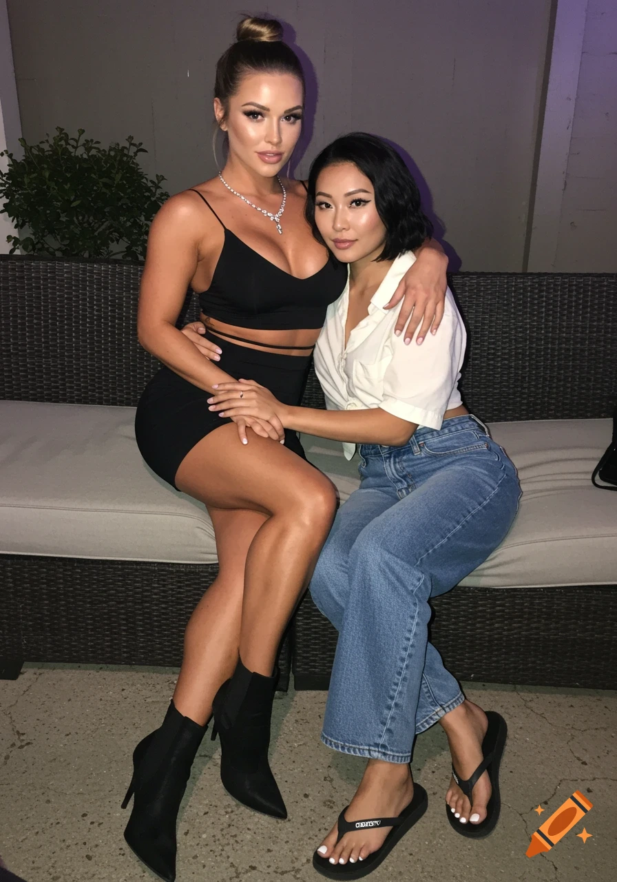 Two women sit on a couch, one in black dress and heels, one in white shirt, jeans, and flip-flops. Photorealistic style.