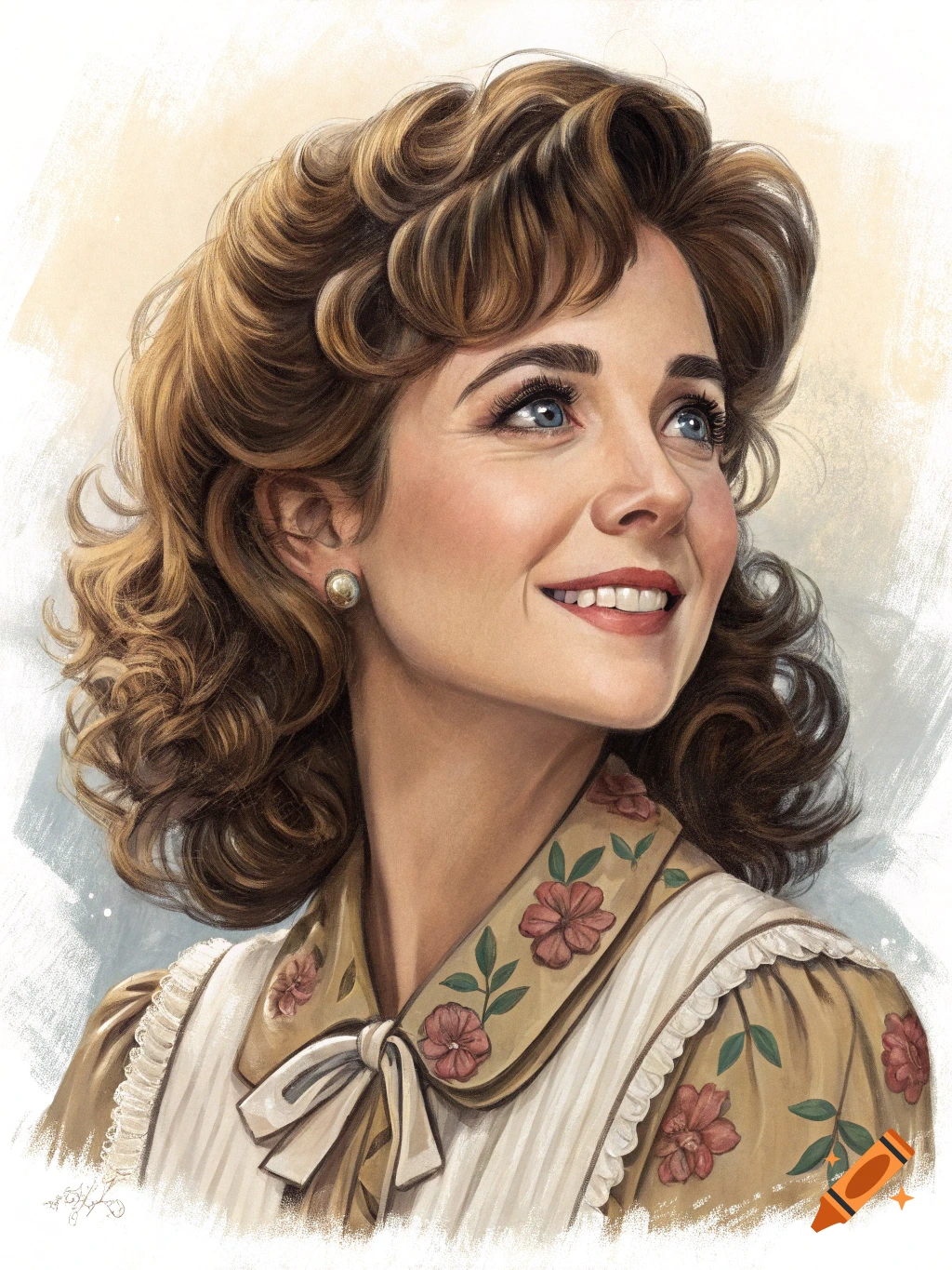 An illustration of a smiling woman with curly brown hair and blue eyes looking up, wearing a floral dress with a white bow.