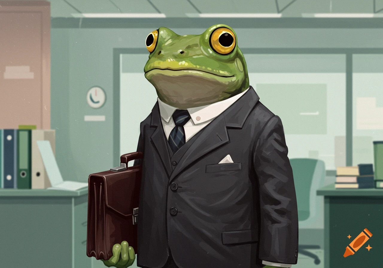A frog in a business suit holding a briefcase in an office.