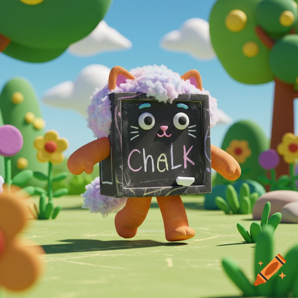 A cartoon cat character with a chalkboard body in a grassy field.