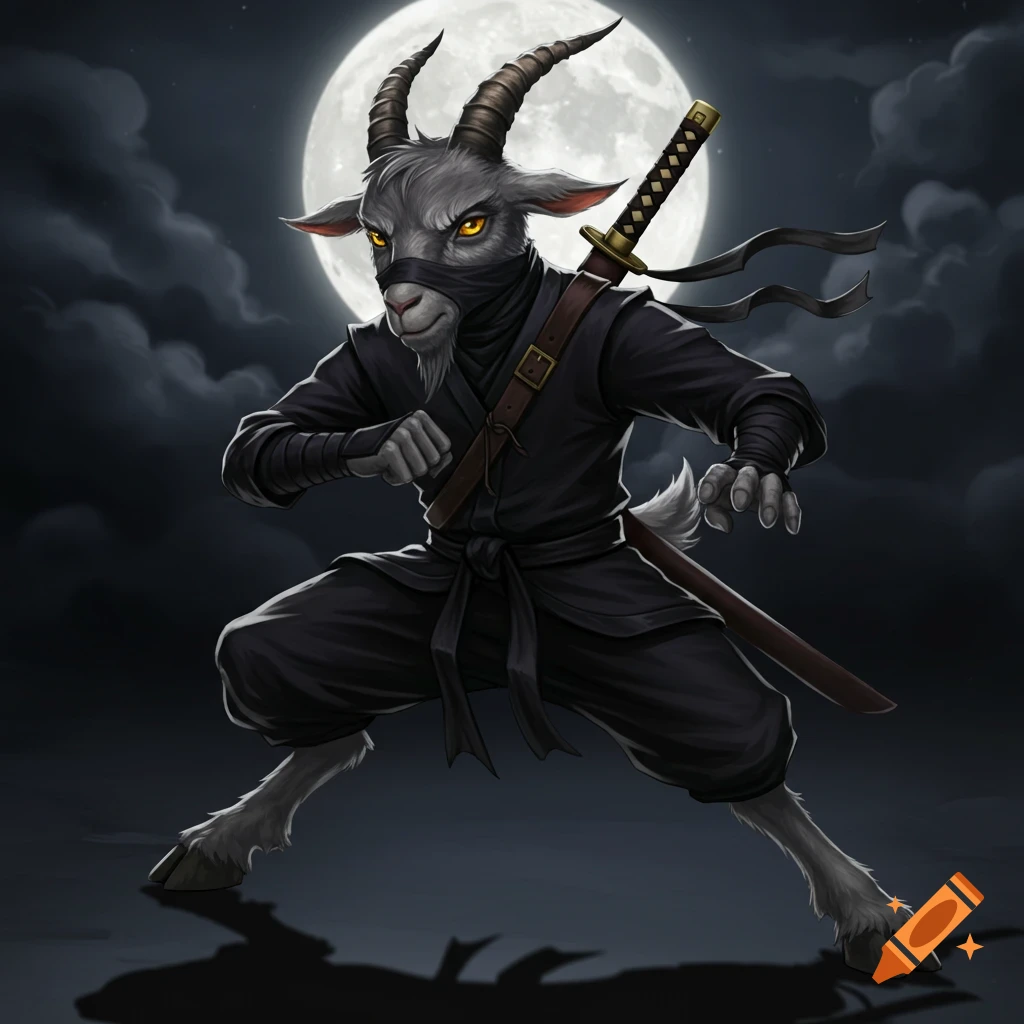 A goat dressed as a ninja crouching in a fighting stance under a full moon.