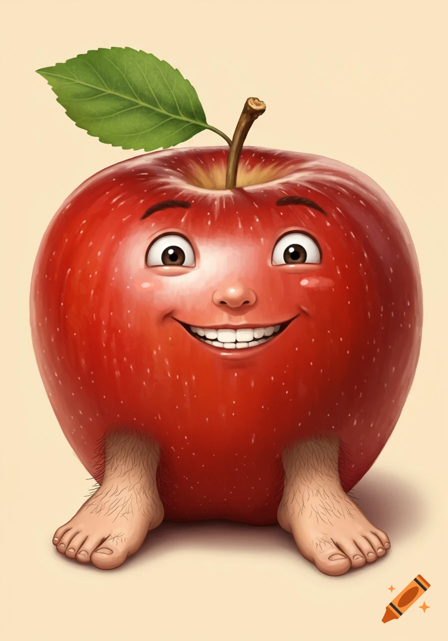 A red apple with a human face and hairy feet.