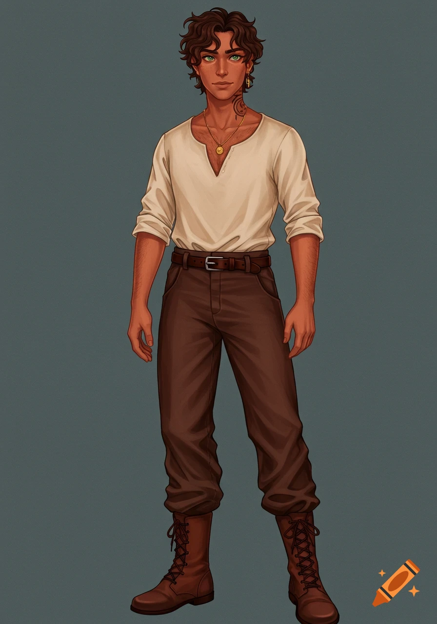 A young man with dark curly hair, green eyes, and a neck tattoo, wearing a white shirt, brown pants, and boots.