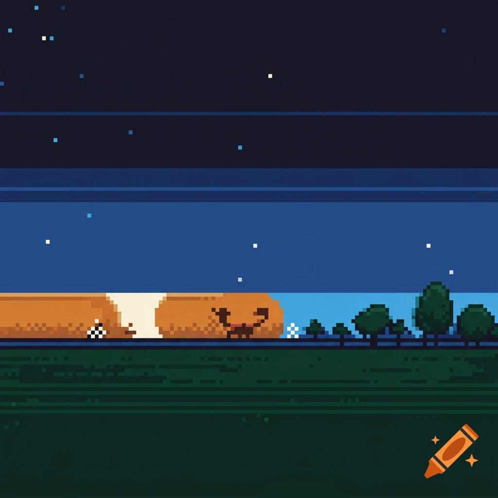 Pixel art night scene with a smiling orange pumpkin-like character next to trees under a starry sky.