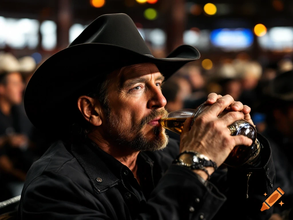 A man in a cowboy hat drinks from a glass