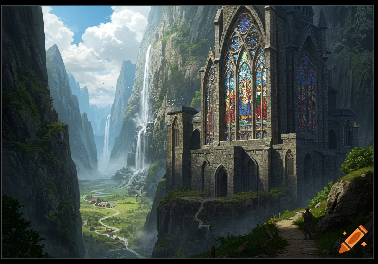 A gothic structure with stained glass is built into a mountain valley with waterfalls.