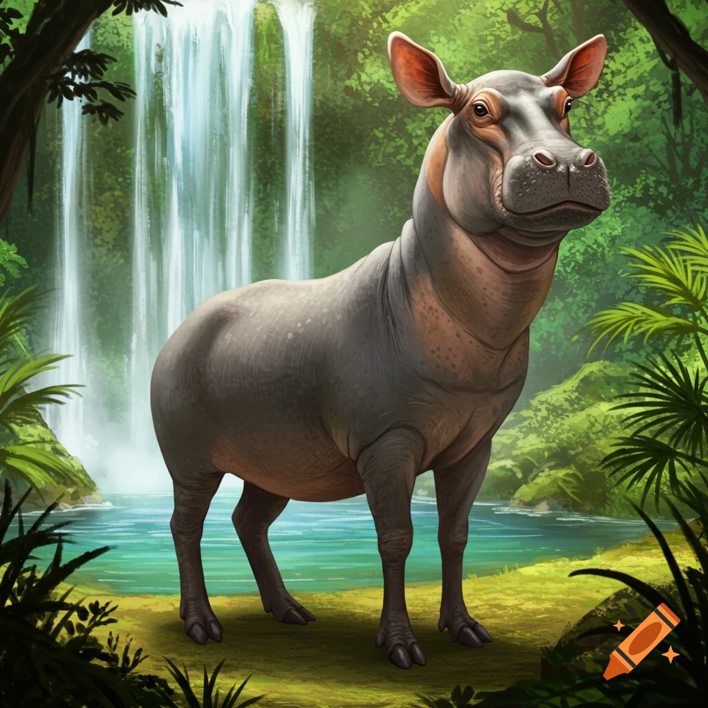 A musk deer and hippo hybrid creature standing by a waterfall in a jungle.