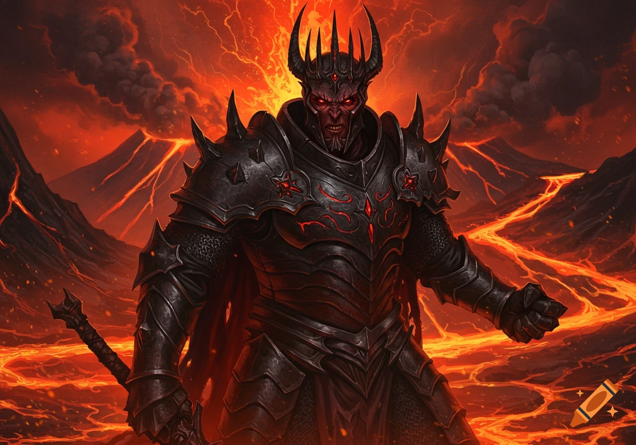 An evil lord in black armor with horns, standing in a volcanic landscape.