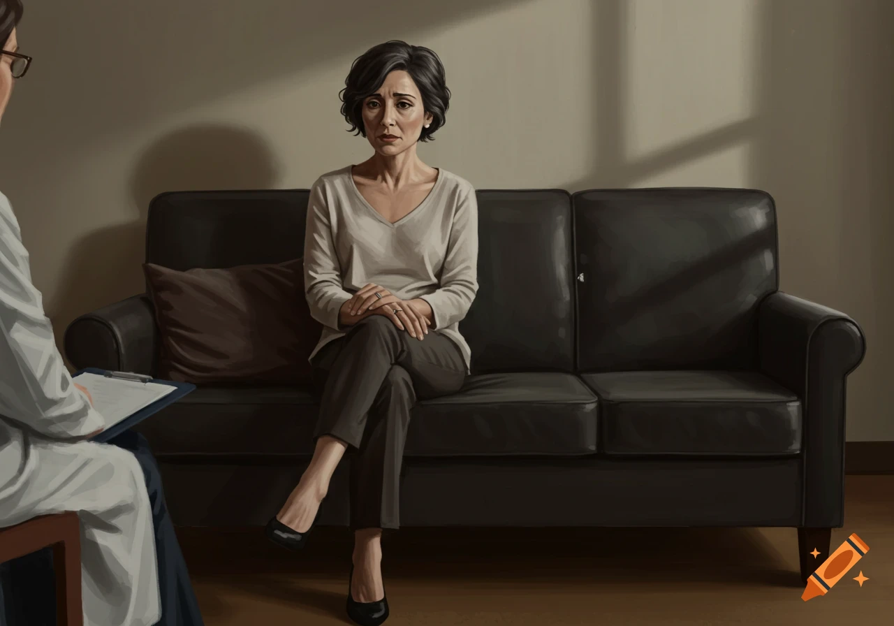 A woman sits on a couch talking to someone with a clipboard.
