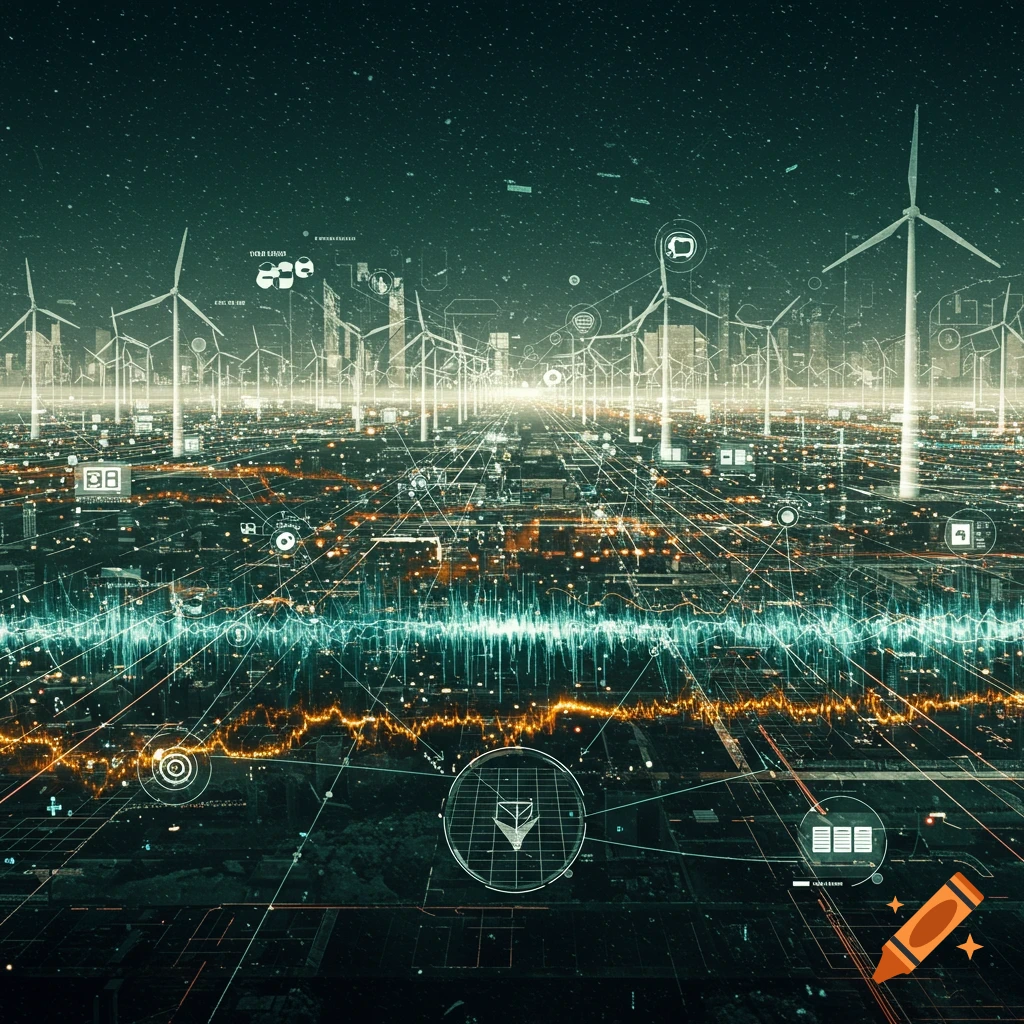 A futuristic city featuring wind turbines and an overlay of glowing data network lines.