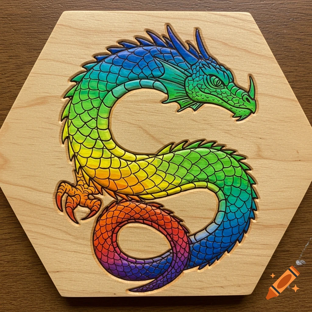 A rainbow dragon wood carving on a hexagonal tile.