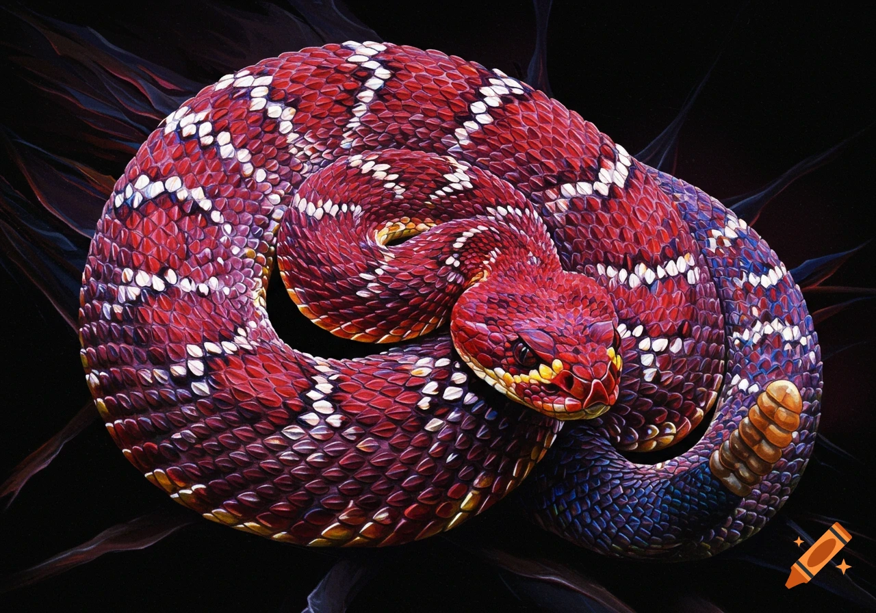A coiled red, white, and blue rattlesnake