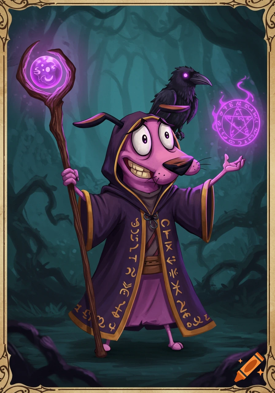 Courage the Cowardly Dog as a warlock with staff and crow in a forest