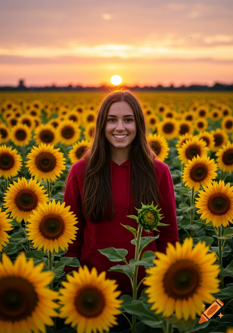 A woman in a red hoodie smiles while standing in a field of sunflowers at sunset.
