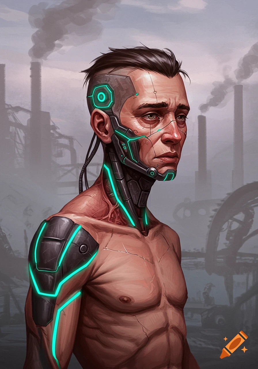 A cybernetic man with glowing blue circuits stands in an industrial setting.