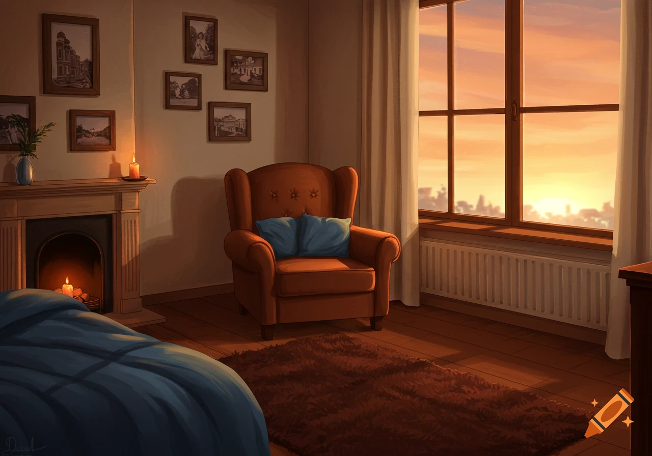 A cozy room with a fireplace, armchair, and window with a sunset view.