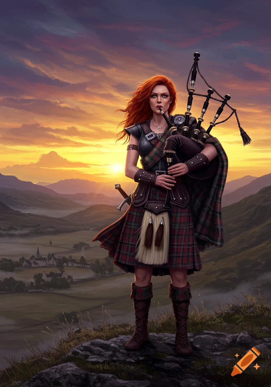 Red-haired woman in a kilt with bagpipe and sword on a hilltop at sunrise.
